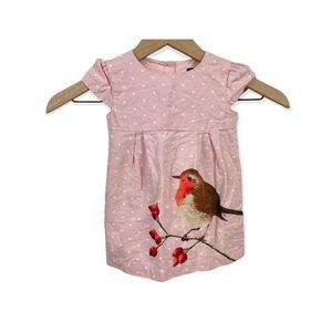Baby Gap Girls Pink Bird Robin Polka Dot Short Sleeved Lined Dress 12-18 months
